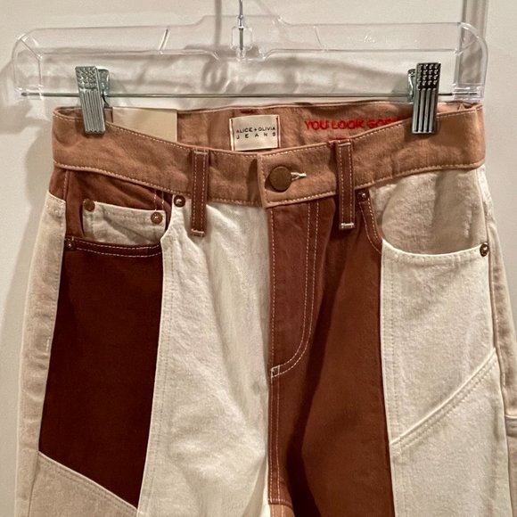 NWT Alice + Olivia Brown Patchwork Wide Leg Gaucho Cropped, Size 26 - Picture 10 of 16